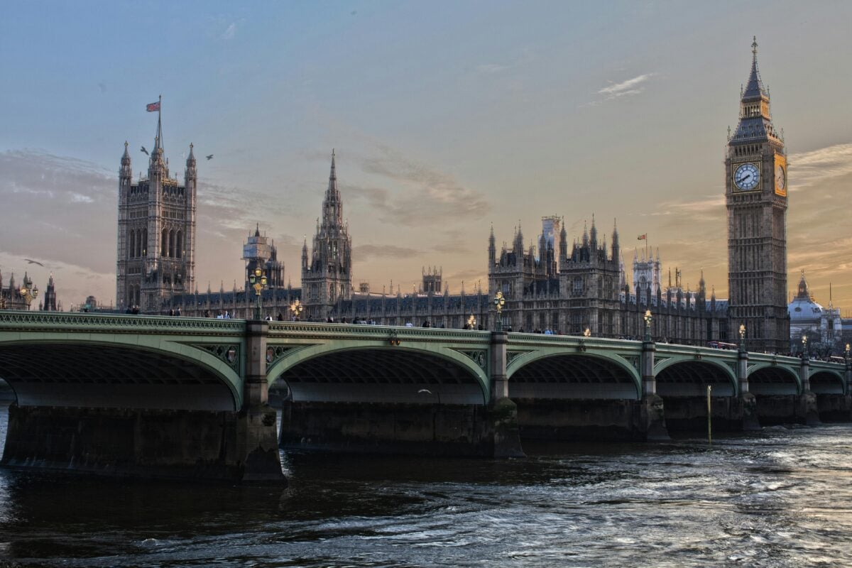 Stunning view of Big Ben and Westminster Bridge at sunset. Iconic London landmark.