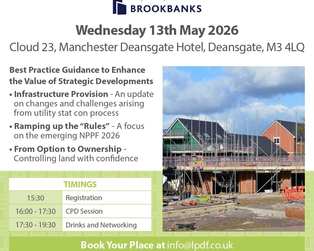 An advert for the Northern CPD Event and Spring Drinks being hosted by Brookbanks and the LPDF. The advert lists the the event as being on the 13th May 2026 at Cloud23, Manchester Deansgate Hotel. The words 'Book your place at info@lpdf.co.uk' are included in the footer.