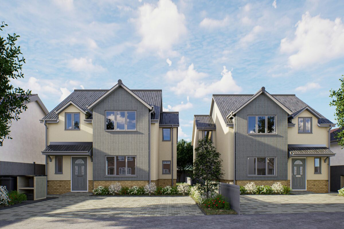 Two pale cream coloured dethatched houses, with grey roofs. Built by SME developers in the UK under the guidance of Brookbanks.