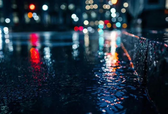 bokeh lights, wet, gutter, street gutter, street, pavement, sidewalk, nature, bokeh, lights, night, dark, urban, city, city lights, night photography, street photography, rain
